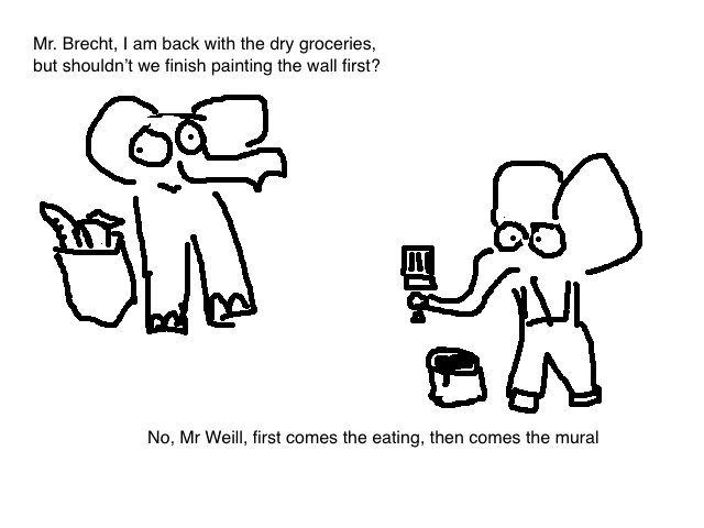 
Mr Brecht, I am back with the groceries, but shouldn't we finish painting the wall first?
No, Mr Weill, first comes the eating, then comes the mural.
  